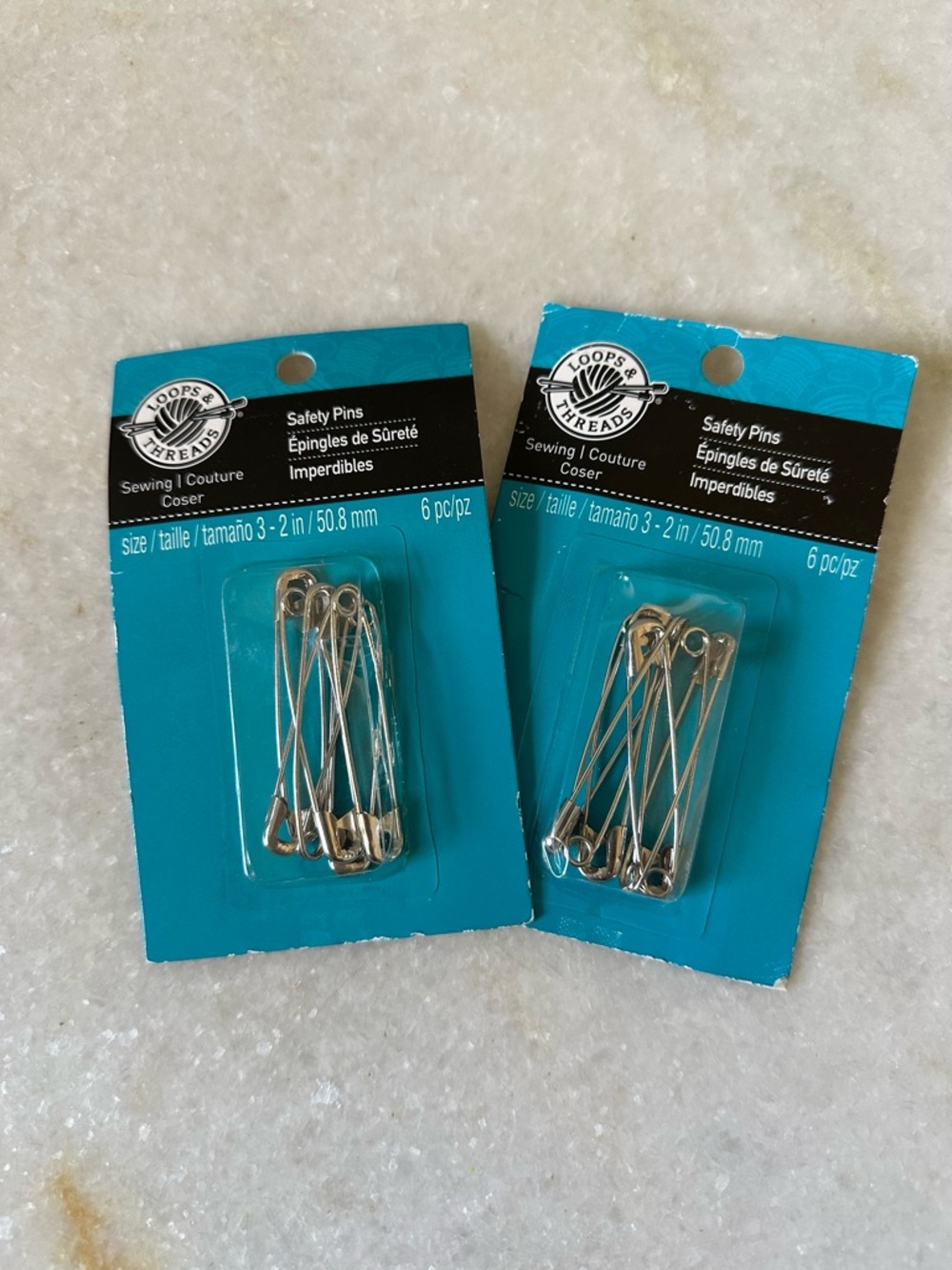 Loops & Threads 2" Silver Safety Pins 2 pks of 6 (12 total) Sewing Crafting NWT